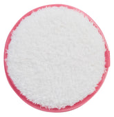Close-up of Hollywood Fashion Secrets Microfiber Makeup Remover Pad with soft white fibers and pink trim for gentle cleansing.